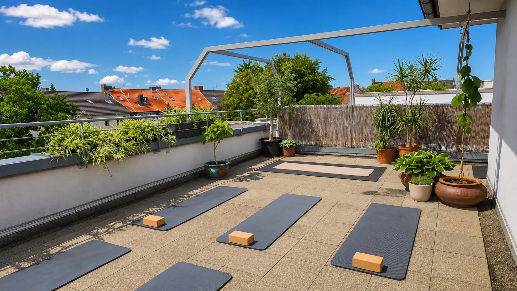 Dachterrasse von Motion Tribe mit ausgelegten Yogamatten bei Sonnenschein